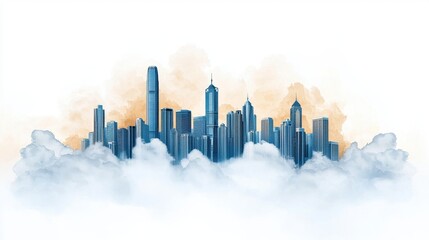Fototapeta premium Modern Cityscape Emerging From Clouds Watercolor Style