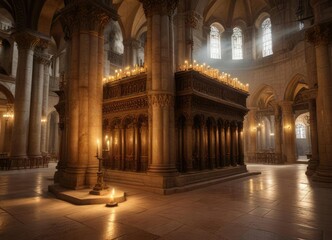 Obraz premium The high ceilinged interior of the Church of the Holy Sepulchre in Jerusalem is adorned with rows of candles on stone pedestals , spiritual, intricate carvings