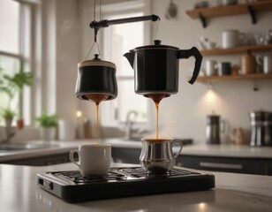 The image of a moka pot suspended in the air with a slow motion pour of coffee into an empty waiting cup on a kitchen table, movement, flying object, kitchen