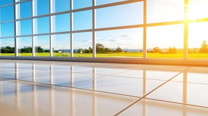 Fototapeta premium Modern Office Space Sunlight View Green Landscape Panoramic Window