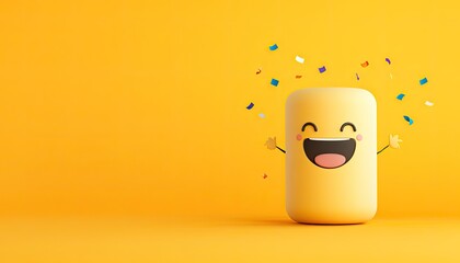 Cheerful cartoon character celebrating with confetti against a bright yellow background