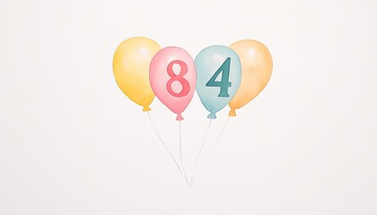 Colorful balloons with numbers 8 and 4, symbolizing a birthday celebration against a plain background