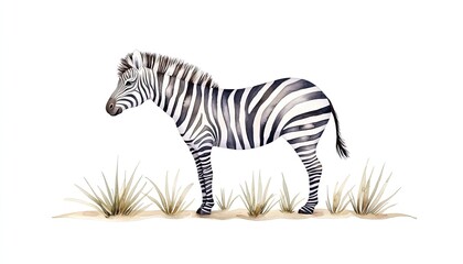 A beautifully illustrated zebra standing gracefully on sandy ground with grass in the background