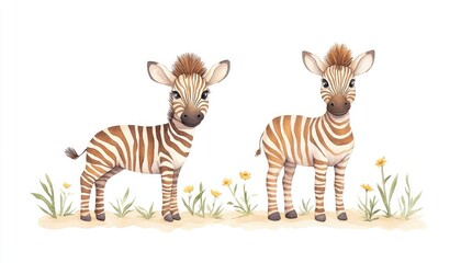 Two adorable zebra foals standing in a grassy area with flowers, showcasing their playful nature