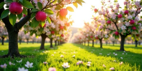 Serene Orchard at Sunset Rows of blossoming fruit trees laden with ripening apples, bathed in the golden light of the setting sun, creating a picturesque scene of natural beauty and abundance.