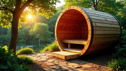 Naklejka premium The wooden barrel sauna's wooden slats shimmer in early morning light, wooden barrels, wooden structures, natural landscapes