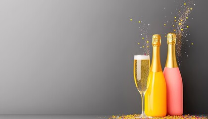 Celebration scene with champagne bottles and a glass, colorful confetti in the background