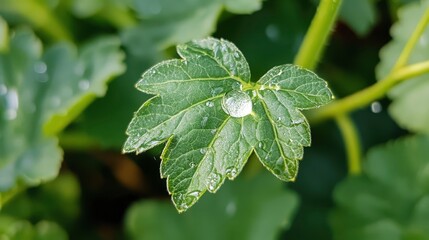 A single water droplet on the edge of a green leaf, close-up macro photography, isolated on a green background, with detailed texture and reflection of the surroundings