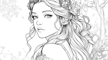 Fototapeta premium 花飾りをつけた凛々しい女性の塗り絵 線画 プリンセス 大人の塗り絵