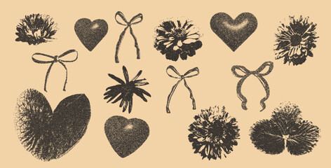 Flower and leaves photocopy collage stickers. Stippled monochrome effect florals and bows with hearts assets. Collage halftone botanical element. Vector dotted scrapbook illustration.