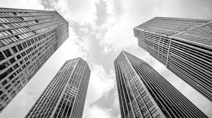 Fototapeta premium Monochrome Low Angle View of Four Skyscrapers Against a Cloudy Sky
