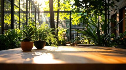 Fototapeta premium Sunlit Wooden Table with Lush Green Plants in a Greenhouse Setting