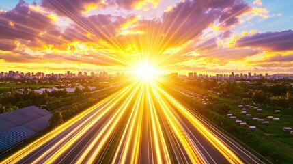 Golden Sunset Highway Leading to City Skyline Vibrant Colors Dramatic Light Rays