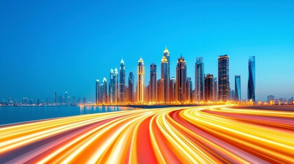 Obraz premium Night Cityscape With Illuminated Skyscrapers And Light Trails