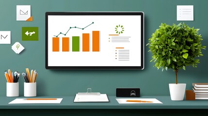 Modern Workspace Productivity Graph Display Green Plant Desk Setup