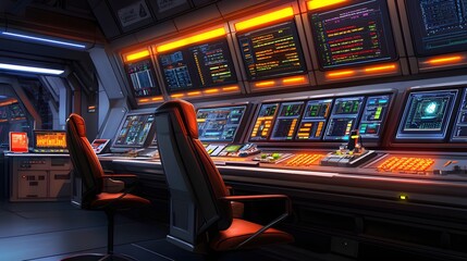Naklejka premium Futuristic Spaceship Control Room Interior Design Orange Lighting