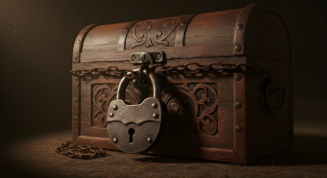 Candado en un cofre del tesoro de madera