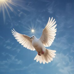 The sun casts a warm glow over a white dove as it flies against a bright blue backdrop, atmospheric, light