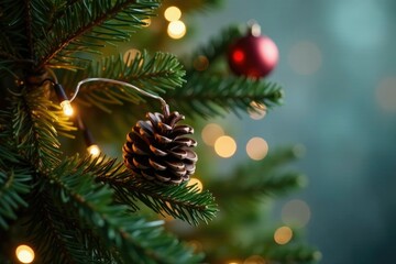 Christmas tree branches adorned with pinecones and fairy lights, rustic, warm