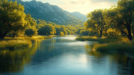 Fototapeta premium Serene River Landscape: Tranquil Waters Reflecting Majestic Mountains
