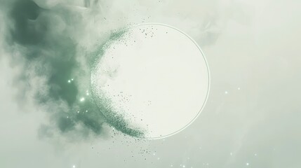 Fototapeta premium A white circle with green particles floating around it. On the left side of the frame is a cloud of smoke. 