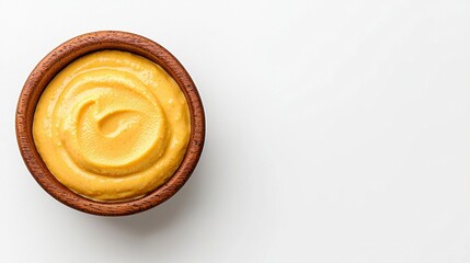 Fototapeta premium Overhead View of Creamy Yellow Mustard in Brown Bowl on White Background