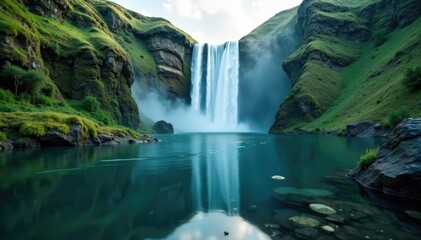Naklejka premium Reflections on the surface of a calm lake at base of waterfall, peaceful, geysers, waterfall