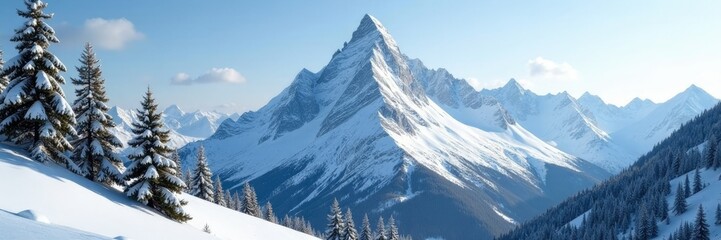 Obraz premium Snow-capped mountain peak with rugged terrain and pine trees, frost, forest