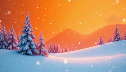Fototapeta premium Snowflakes falling on orange background amidst frosty trees and hills, scenery, nature, landscape