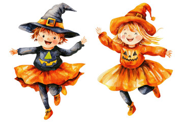 Fototapeta premium Two cheerful children in Halloween costumes, one wearing a witch hat and the other a pumpkin-themed outfit, joyfully jumping together.