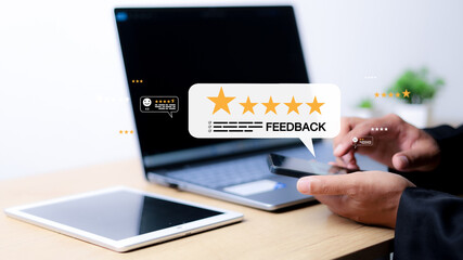 Feedback concept, user comment rating online, writing feedback reviews, and reputation management on speech bubbles.