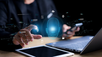 Deepfake concept ,Facial tracking, detection and recognition technology, Security system. Cyber...