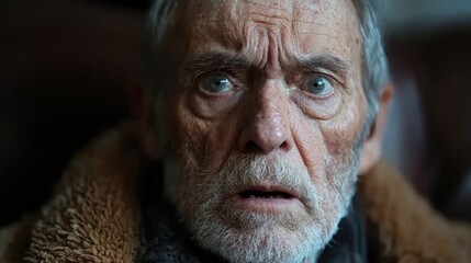 Elderly man, shocked expression, indoors, dark background,  for articles on aging