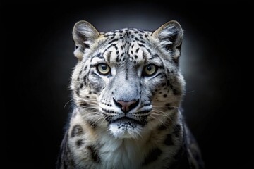 Obraz premium A Majestic Snow Leopard Portrait A Close-Up View of a Wild Cat's Intense Gaze Against a Dark Background