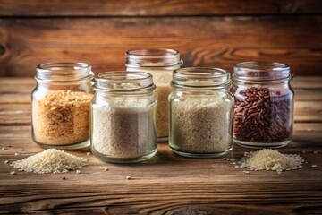 A Rustic Still Life Featuring Various Grains in Glass Jars on a Wooden Surface