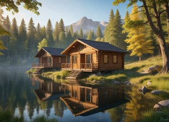 Fototapeta premium Sunny windows of wooden cabins overlooking a tranquil lake, wooden windows, serene environment, reflective surface