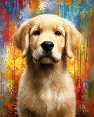 Golden retriever puppy with a soft, fluffy coat against a vibrant, colorful abstract background, showcasing a playful and friendly expression. pet-friendly workspaces concept