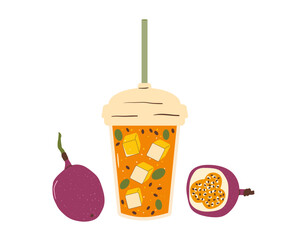 Passion fruits drink. Vector exotic sweet juice in glass. Hand drawn flat illustration isolated on white background.