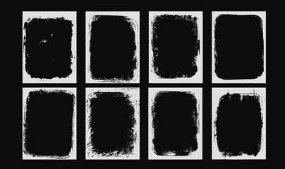 Photo grunge effect frames set template. Ink rolled paint edges punk border for music poster and banner. Retro textured overlays. Rectangular old box white backgrounds. Vector abstract illustration.
