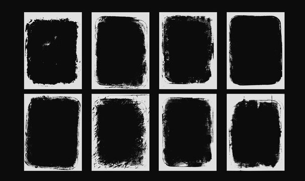 Photo grunge effect frames set template. Ink rolled paint edges punk border for music poster and banner. Retro textured overlays. Rectangular old box white backgrounds. Vector abstract illustration.