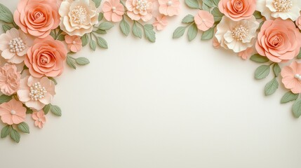 Peach and Cream Paper Flower Border on Beige Background
