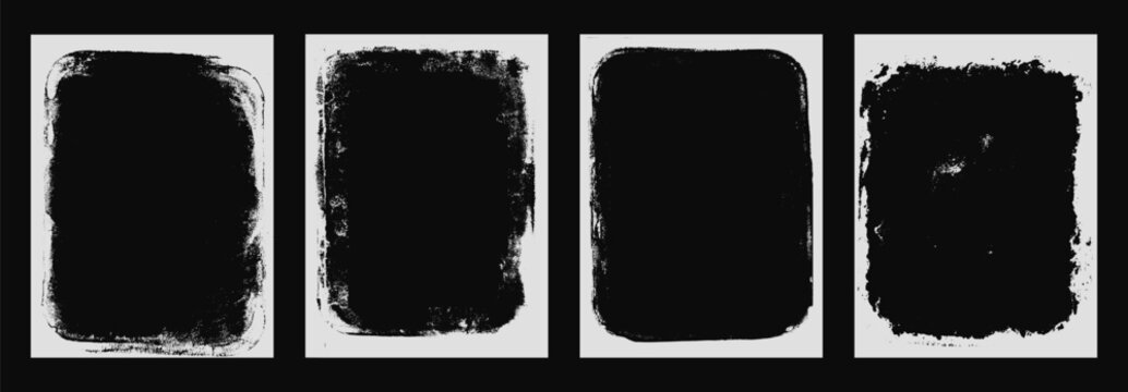 Photo grunge frames set template. Ink paint edges punk border for poster and banner. Retro textured overlays. Rectangular old white abstract flyer backgrounds. Vector design illustration.