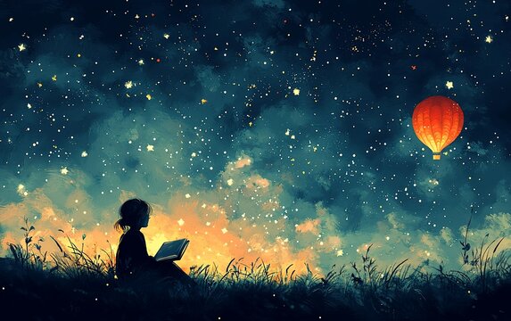 Girl reading book under starry night sky with hot air balloon.