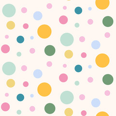 Polka dots seamless pattern. Circle confetti endless background. Birthday round elements repeat cover. Colorful chaotic spots continuous ornament. Surface design festive motif. Vector illustration.