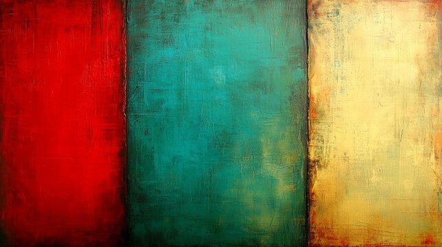Vibrant Abstract Triptych: Red, Green, Yellow Colorfield Painting Texture Canvas Art