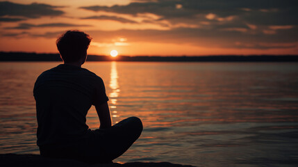 Person silhouetted against sunset beach view. Perfect for meditation, self-reflection, and peaceful solitude concepts.