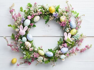 Charming Easter wreath with colorful eggs and blossoms on rustic wooden background
