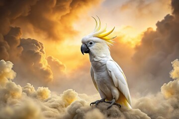 Fototapeta premium Majestic Sulphur-Crested Cockatoo Perched on a Cloud at Sunset, a Symbol of Freedom and Serenity
