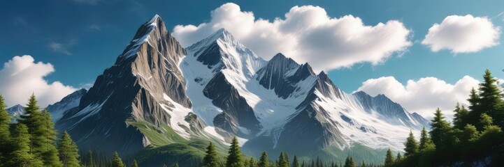 Obraz premium Towering snowy mountain peak with lush green trees and soft white clouds drifting across the sky, snow, mountains