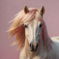 A cute palomino pony playfully tossing its pastel pink mane, softly illuminated, isolated on a plain background.